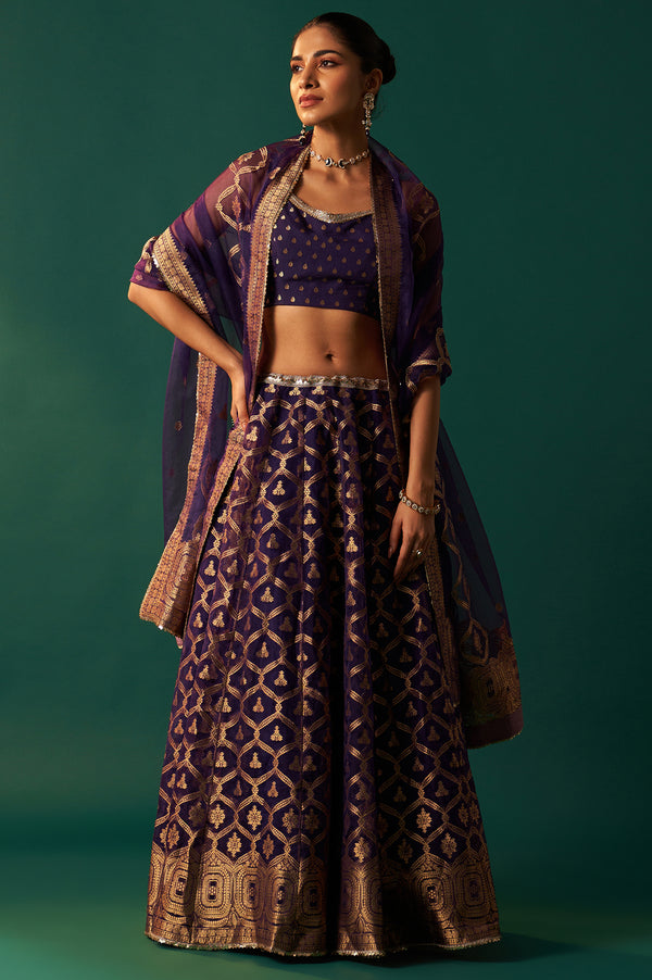 Purple Zari Embroidered Jacquard Blouse with Flared Skirt and Dupatta Set