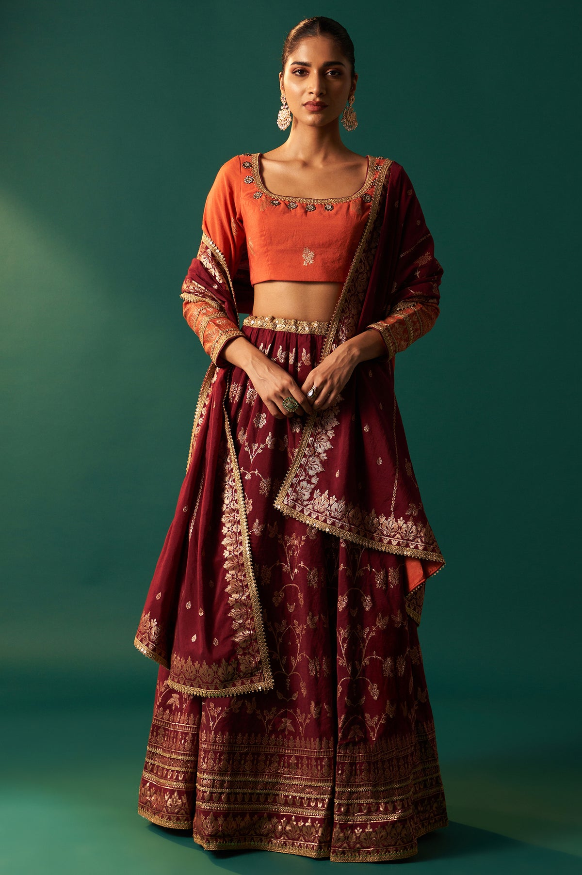 Orange Zari Embroidered Jacquard Blouse with Flared Maroon Skirt and Dupatta Set - M