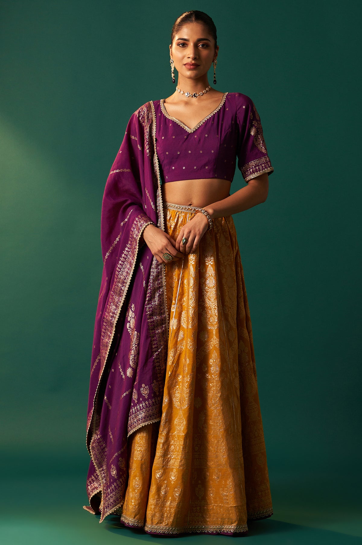 Purple Embroidered Chanderi Jacquard Blouse with Flared Skirt and Dupatta Set - S