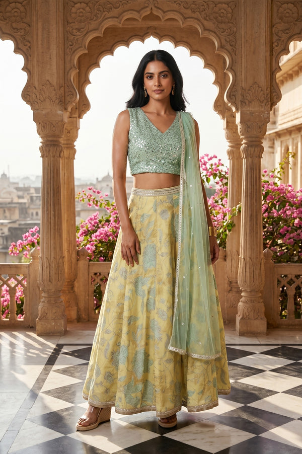 Mint Green Embroidered Blouse And Lehenga Set With Dupatta