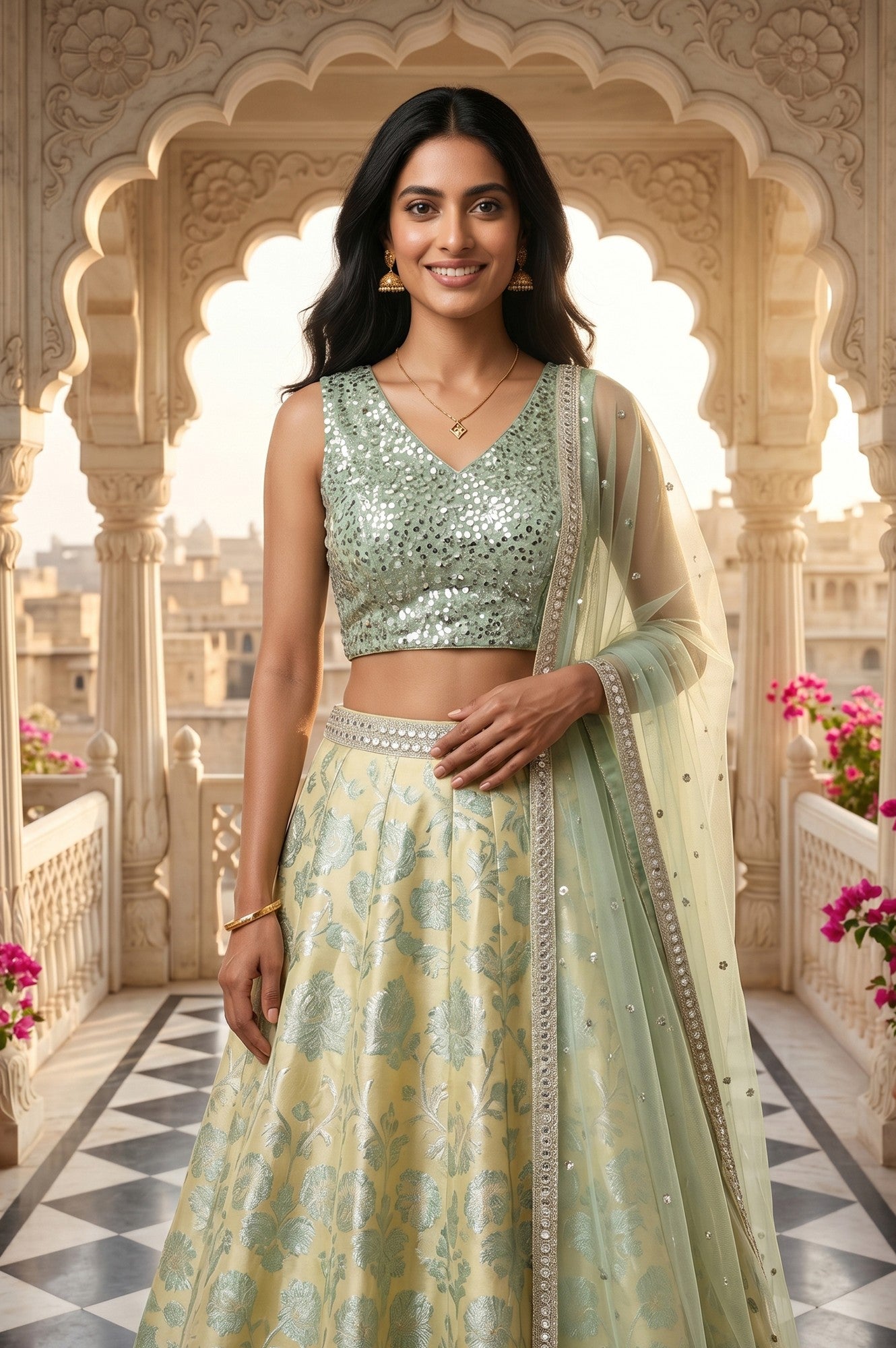 Mint Green Embroidered Blouse And Lehenga Set With Dupatta