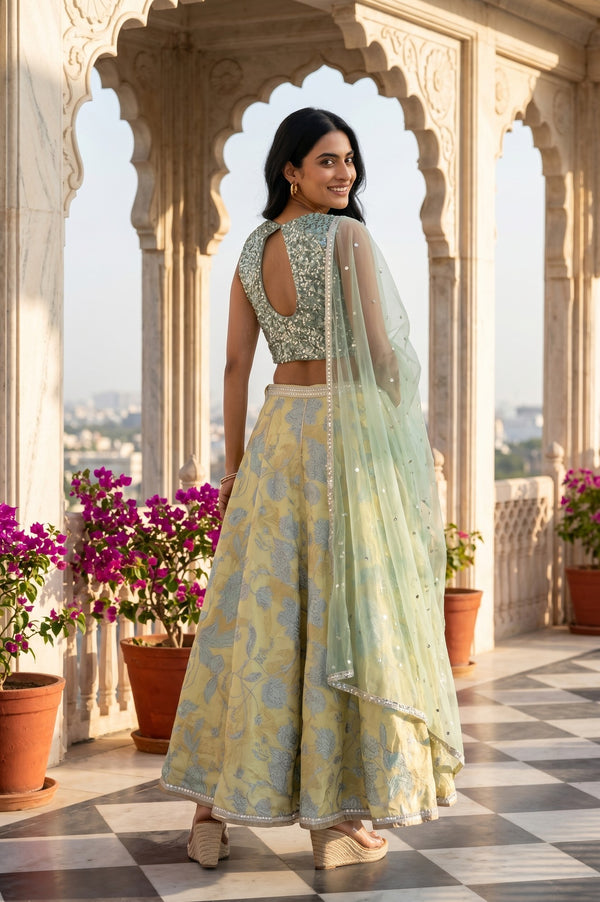 Mint Green Embroidered Blouse And Lehenga Set With Dupatta