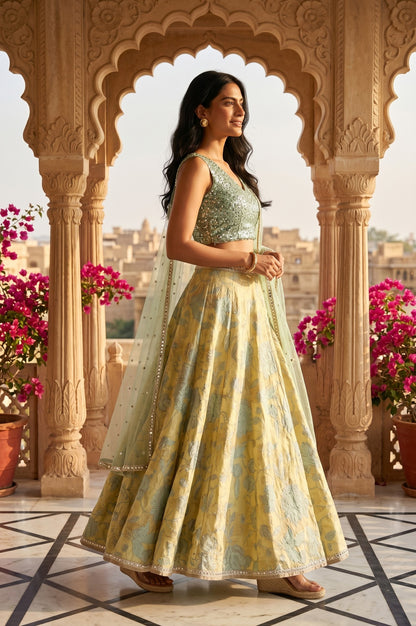 Mint Green Embroidered Blouse And Lehenga Set With Dupatta
