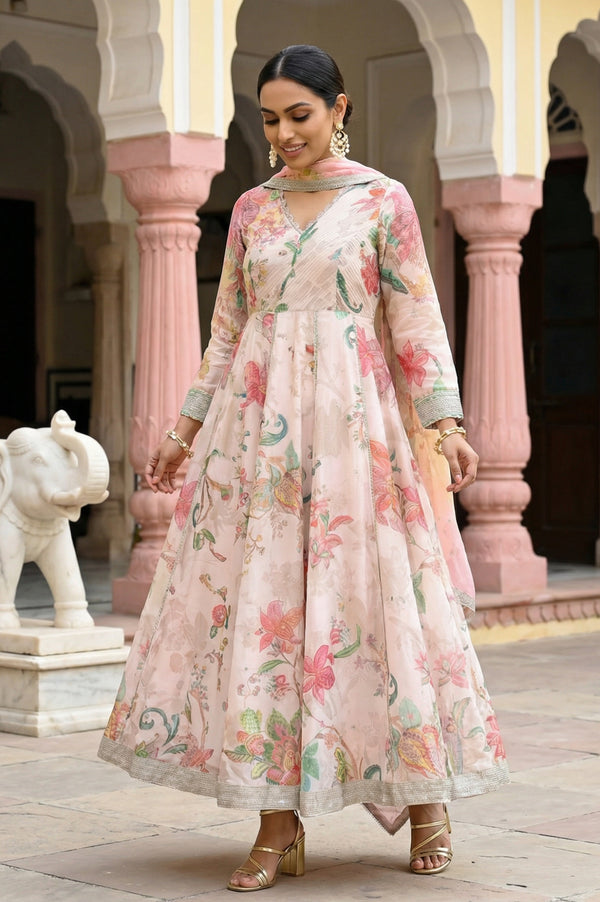 Peach Floral Printed Embroidered Chanderi Anarkali Kurta with Churidar and Dupatta Set