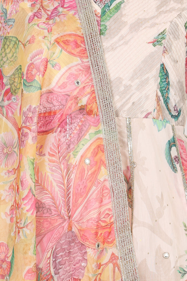 Peach Floral Printed Embroidered Chanderi Anarkali Kurta with Churidar and Dupatta Set