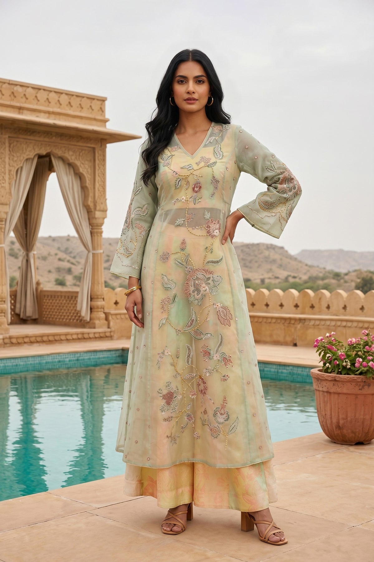 Sea Green Embroidered Organza Straight Kurta with Blouse and Culottess Set - S