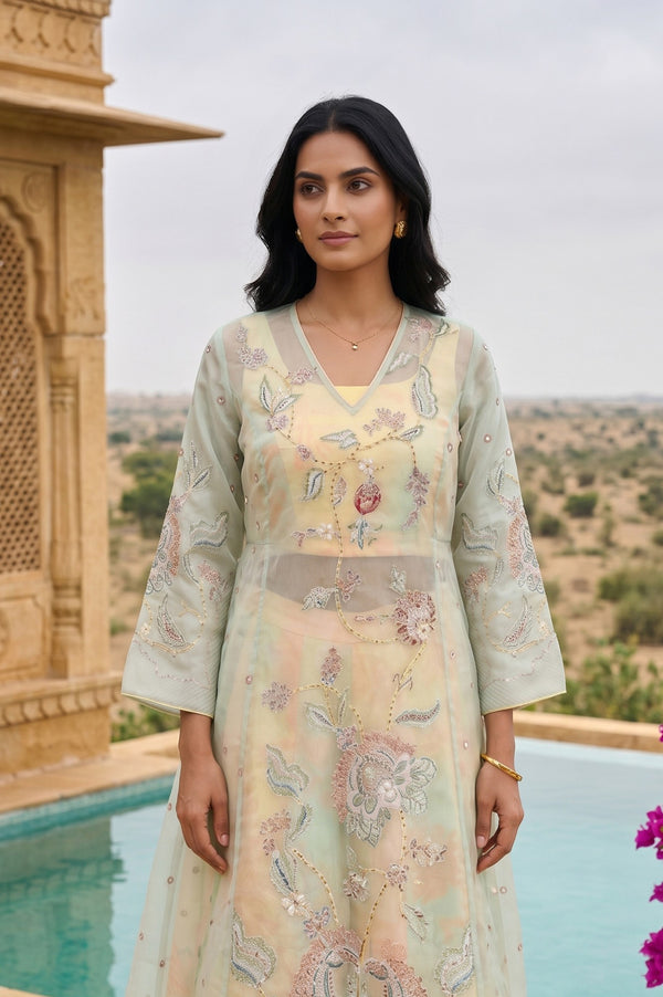 Sea Green Embroidered Organza Straight Kurta with Blouse and Culottess Set