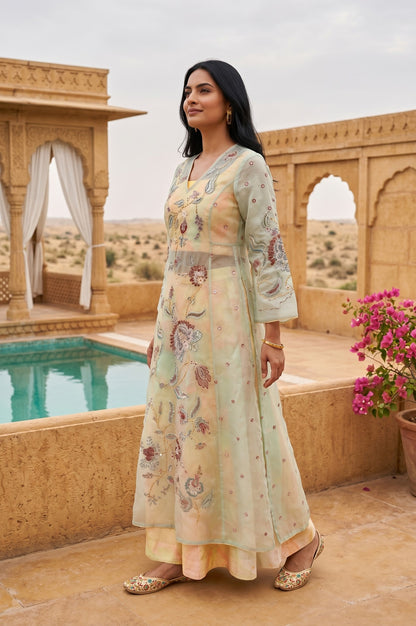 Sea Green Embroidered Organza Straight Kurta with Blouse and Culottess Set