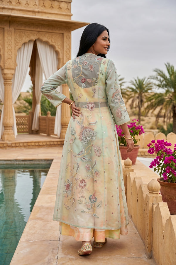Sea Green Embroidered Organza Straight Kurta with Blouse and Culottess Set