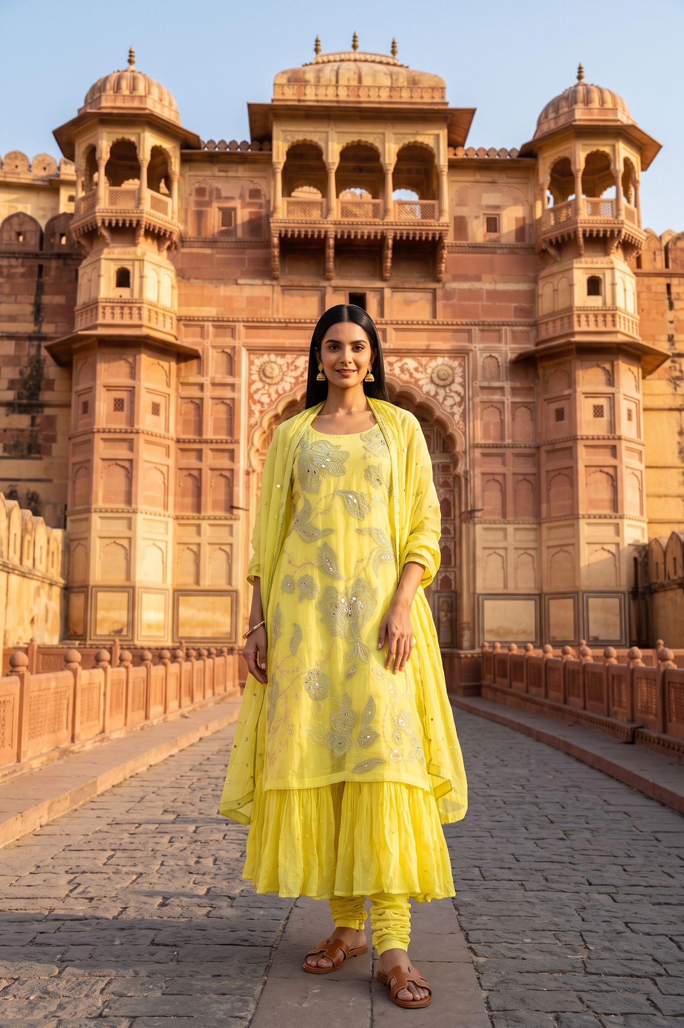 Wishful Yellow Zari Embroidered Organza Sleeveless Flared Kurta with Churidar and Dupatta Set