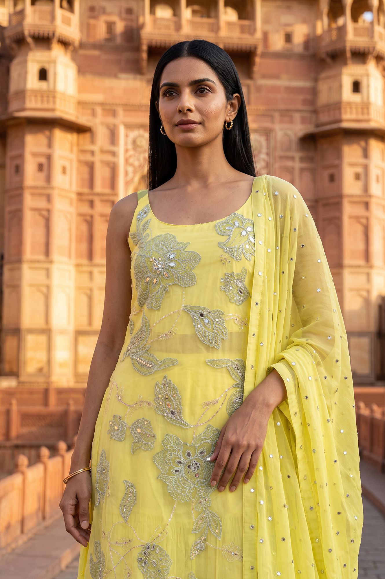 Wishful Yellow Zari Embroidered Organza Sleeveless Flared Kurta with Churidar and Dupatta Set