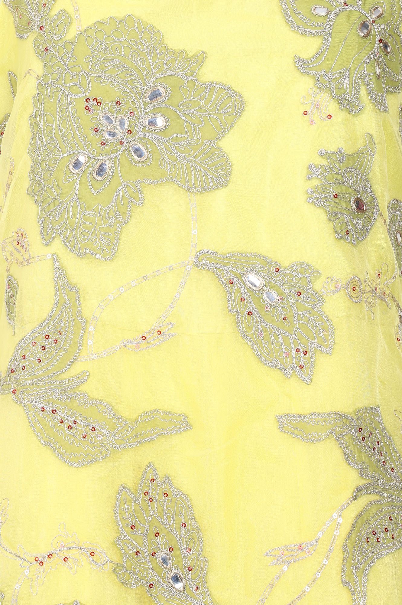 Wishful Yellow Zari Embroidered Organza Sleeveless Flared Kurta with Churidar and Dupatta Set