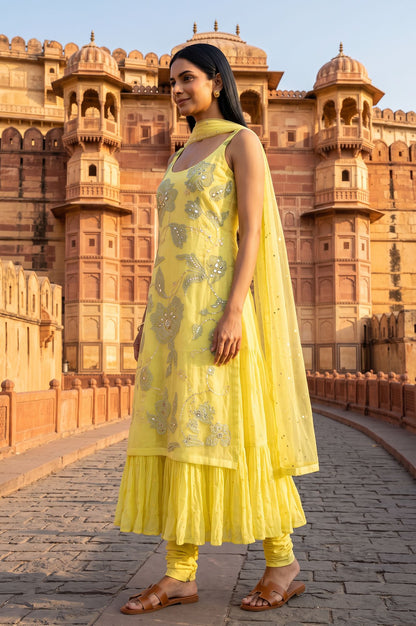 Wishful Yellow Zari Embroidered Organza Sleeveless Flared Kurta with Churidar and Dupatta Set