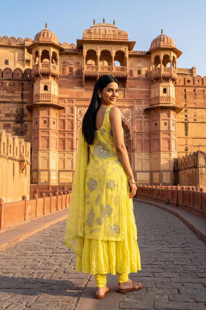 Wishful Yellow Zari Embroidered Organza Sleeveless Flared Kurta with Churidar and Dupatta Set
