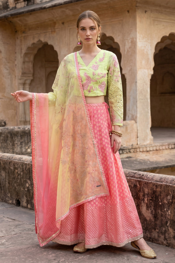 Pink Mirror Work Embroidered Blouse with Skirt and Dupatta Set