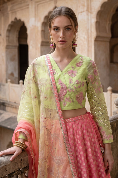 Pink Mirror Work Embroidered Blouse with Skirt and Dupatta Set