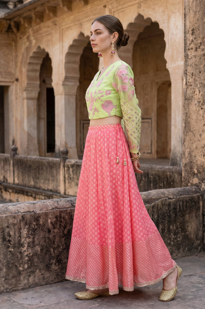 Pink Mirror Work Embroidered Blouse with Skirt and Dupatta Set