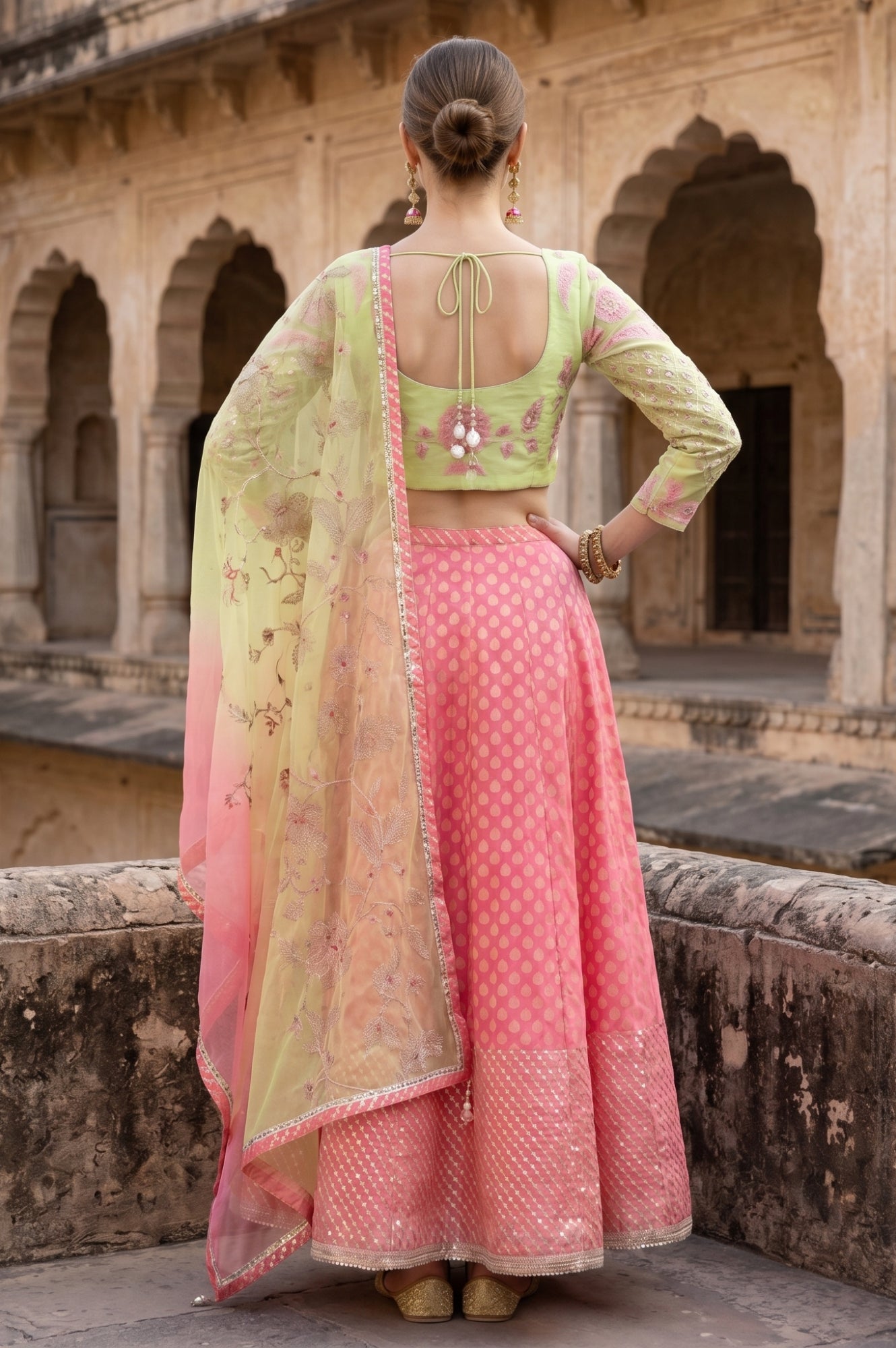 Pink Mirror Work Embroidered Blouse with Skirt and Dupatta Set