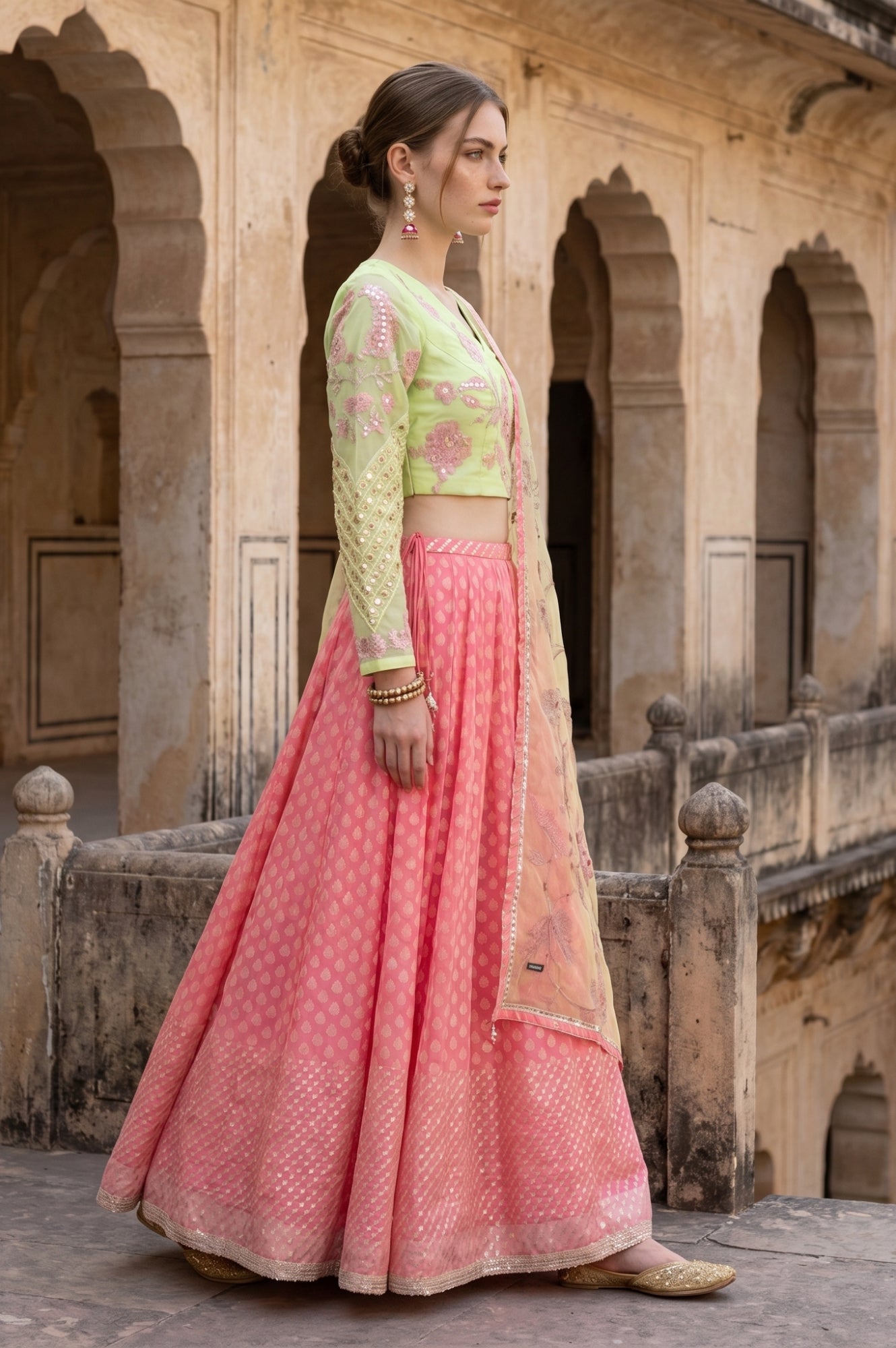 Pink Mirror Work Embroidered Blouse with Skirt and Dupatta Set