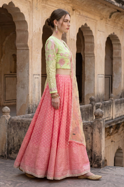 Pink Mirror Work Embroidered Blouse with Skirt and Dupatta Set