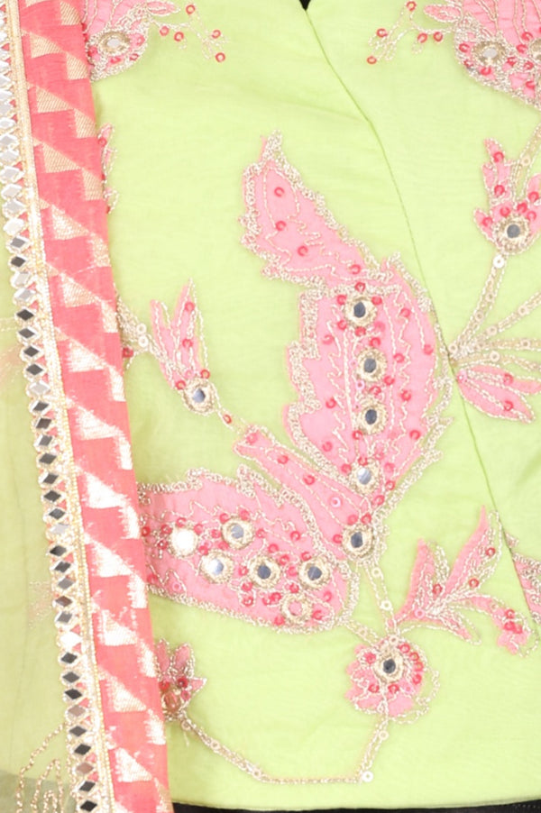 Pink Mirror Work Embroidered Blouse with Skirt and Dupatta Set