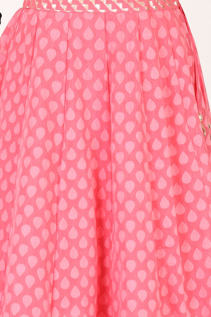 Pink Mirror Work Embroidered Blouse with Skirt and Dupatta Set