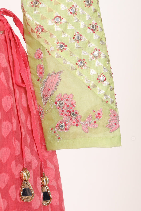 Pink Mirror Work Embroidered Blouse with Skirt and Dupatta Set