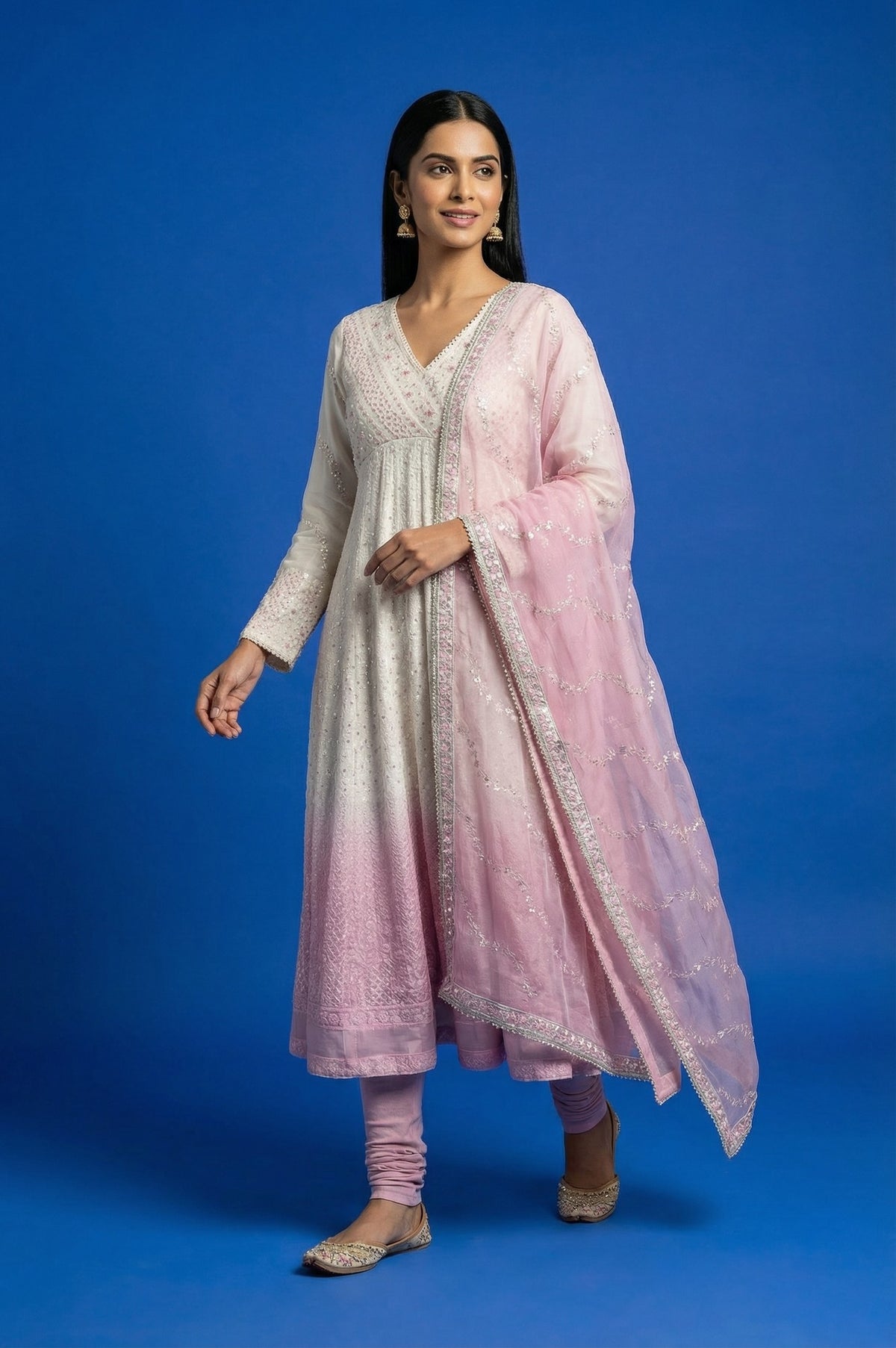 White Ombre Sequinned Embroidered Anarkali Kurta with Churidar and Dupatta Set - S
