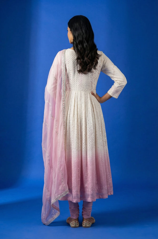 White Ombre Sequinned Embroidered Anarkali Kurta with Churidar and Dupatta Set