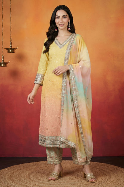 Yellow Ombre Thread Embroidered Georgette Straight Kurta with  and Dupatta Set