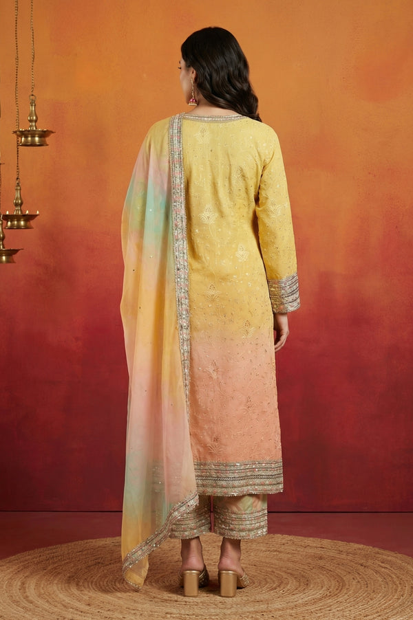 Yellow Ombre Thread Embroidered Georgette Straight Kurta with  and Dupatta Set