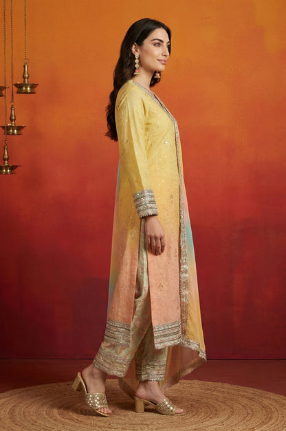 Yellow Ombre Thread Embroidered Georgette Straight Kurta with  and Dupatta Set