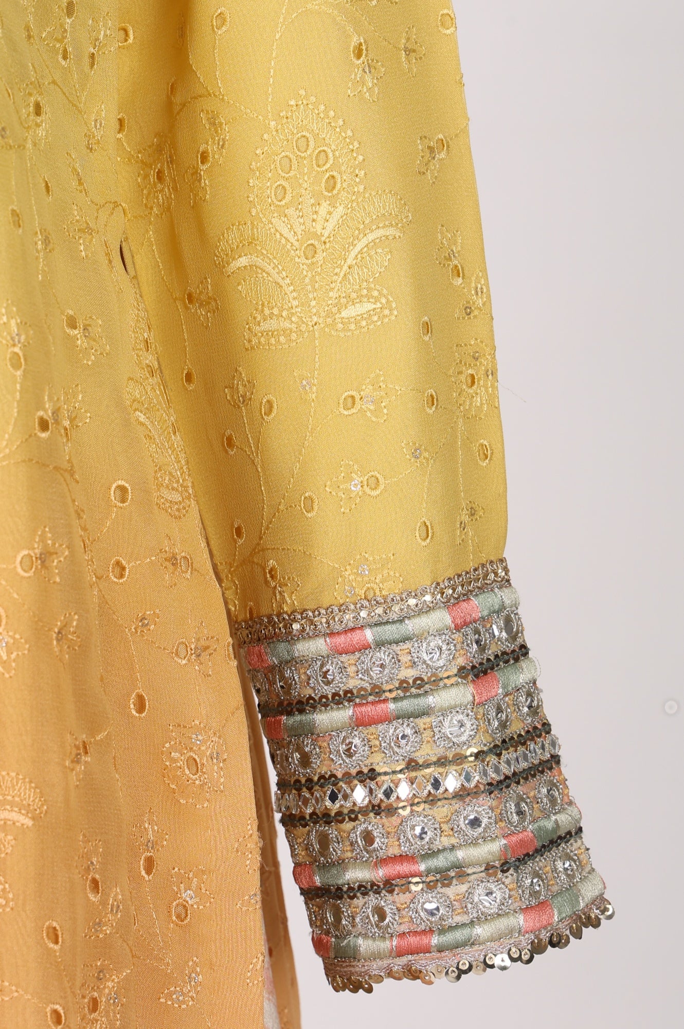 Yellow Ombre Thread Embroidered Georgette Straight Kurta with  and Dupatta Set