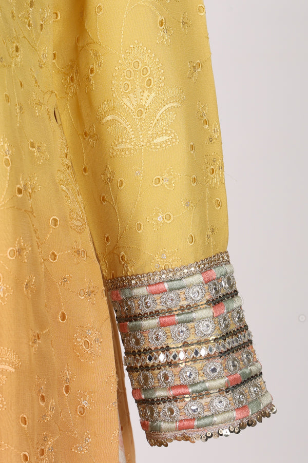 Yellow Ombre Thread Embroidered Georgette Straight Kurta with  and Dupatta Set