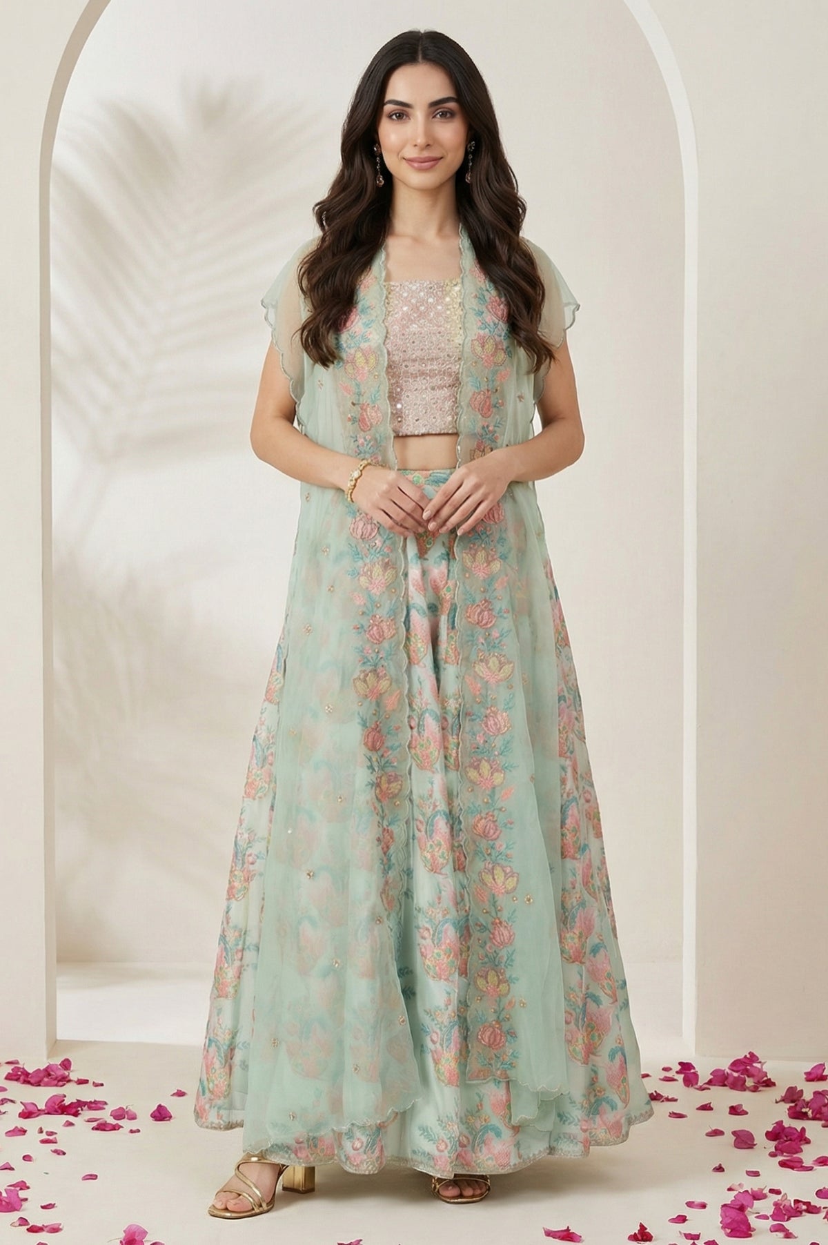 Sea Green Embroidered Blouse with Printed Flared Skirt and Embroidered Jacket Set - S