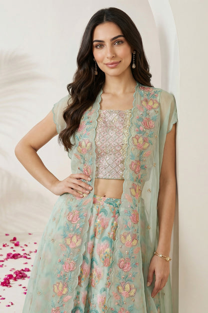 Sea Green Embroidered Blouse with Printed Flared Skirt and Embroidered Jacket Set