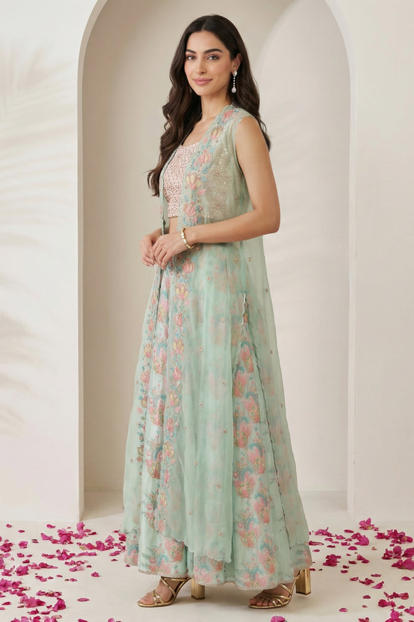 Sea Green Embroidered Blouse with Printed Flared Skirt and Embroidered Jacket Set