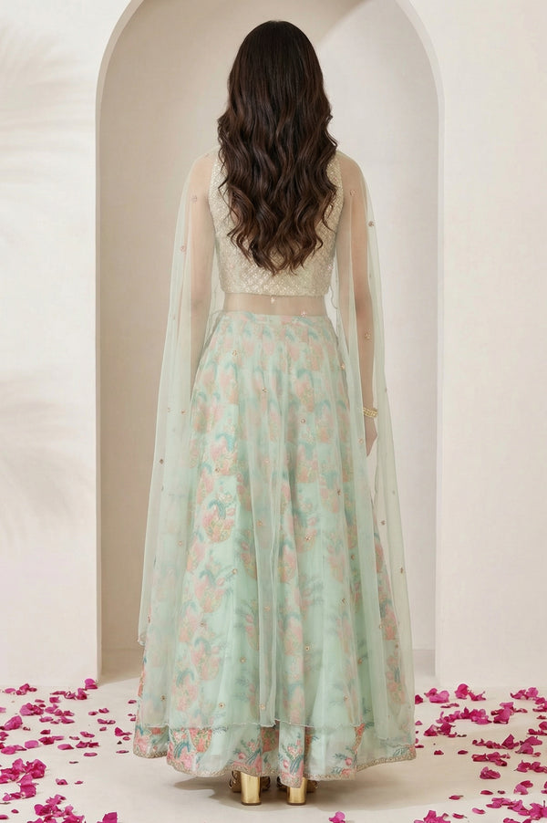 Sea Green Embroidered Blouse with Printed Flared Skirt and Embroidered Jacket Set