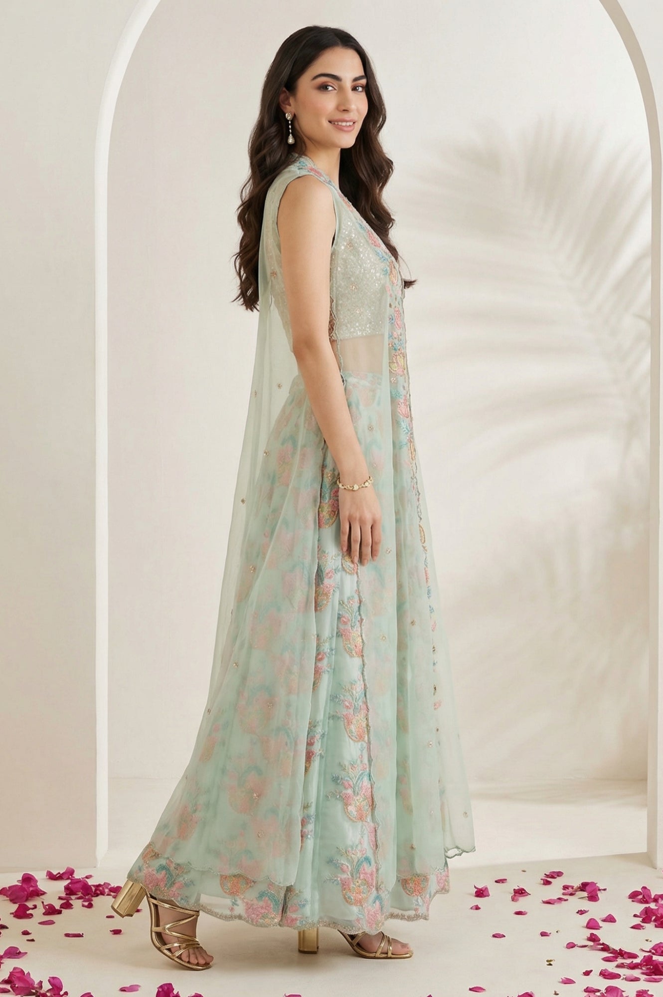 Sea Green Embroidered Blouse with Printed Flared Skirt and Embroidered Jacket Set