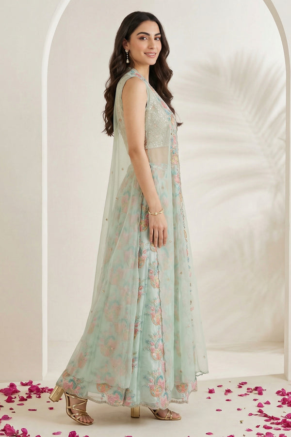 Sea Green Embroidered Blouse with Printed Flared Skirt and Embroidered Jacket Set