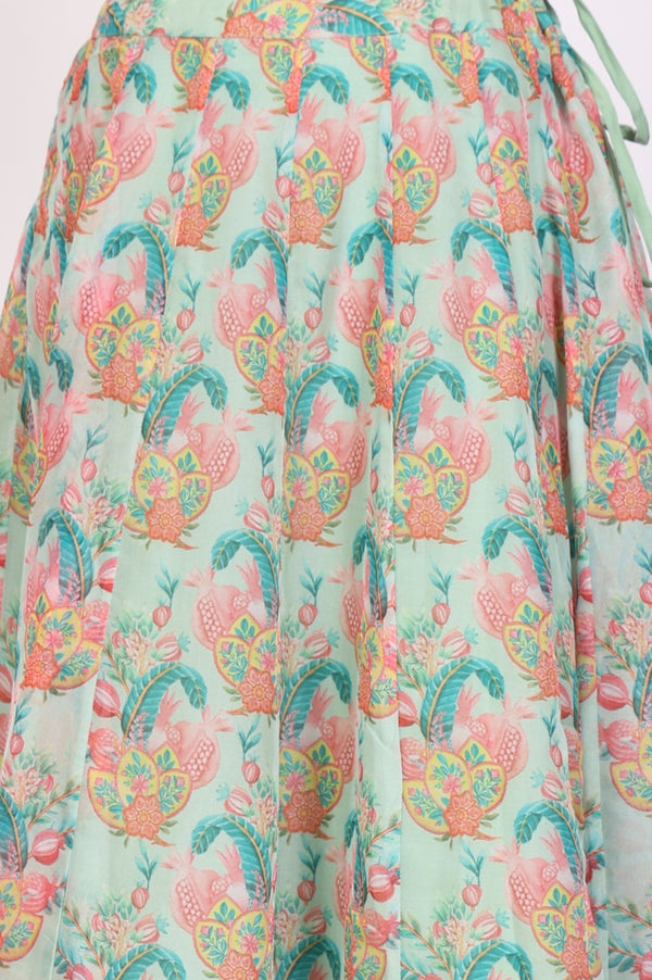 Sea Green Embroidered Blouse with Printed Flared Skirt and Embroidered Jacket Set