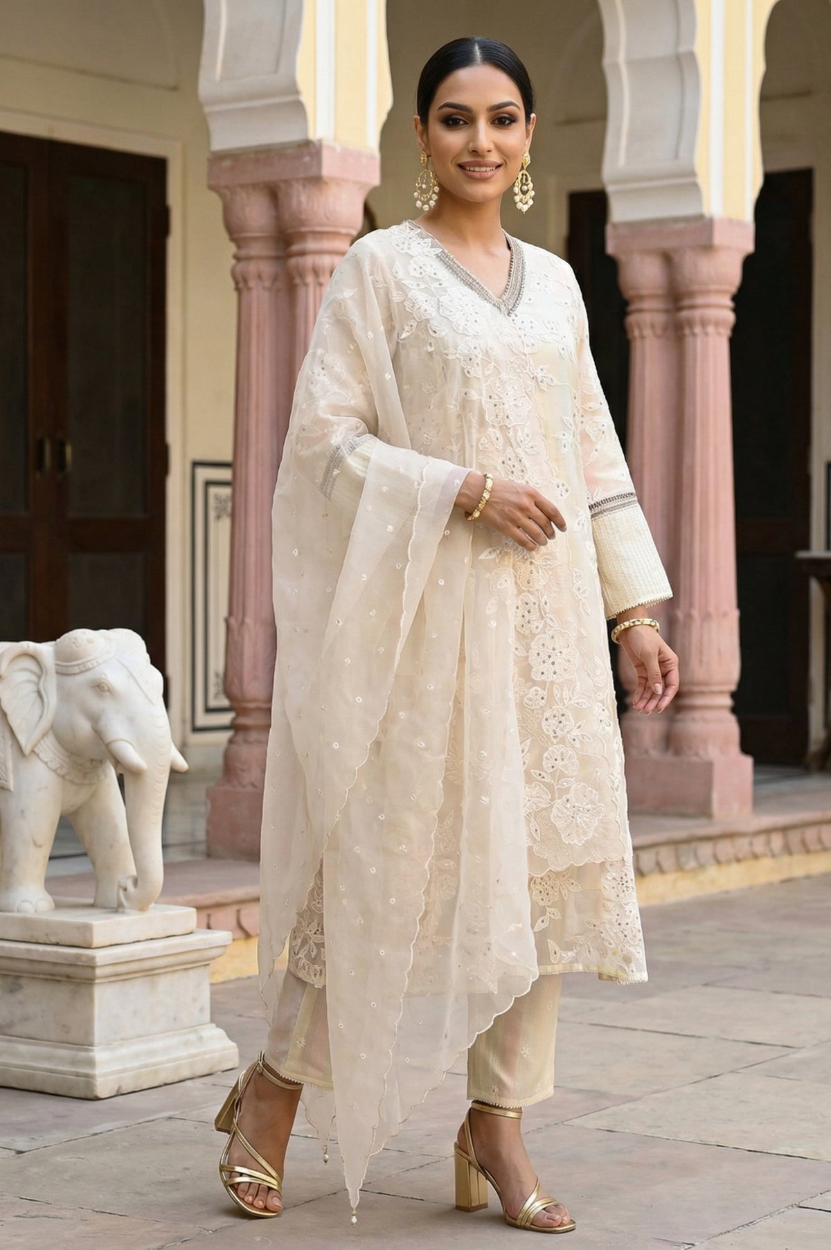 Powder Yellow Sequins Embroidered Straight Georgette Kurta with Straight Pants and Dupatta Set - M
