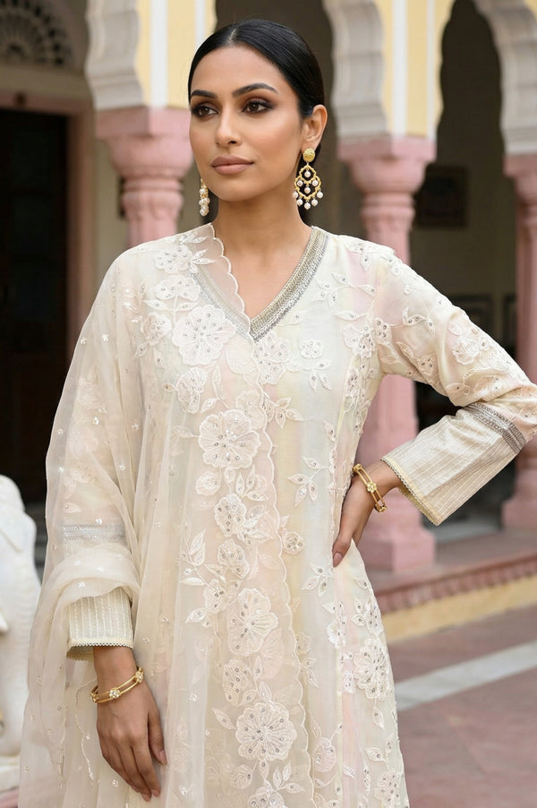 Powder Yellow Sequins Embroidered Straight Georgette Kurta with Straight Pants and Dupatta Set