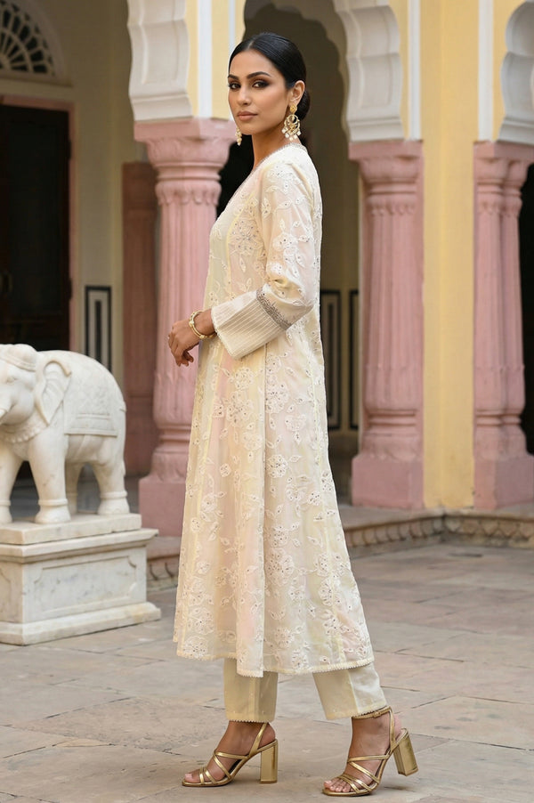 Powder Yellow Sequins Embroidered Straight Georgette Kurta with Straight Pants and Dupatta Set