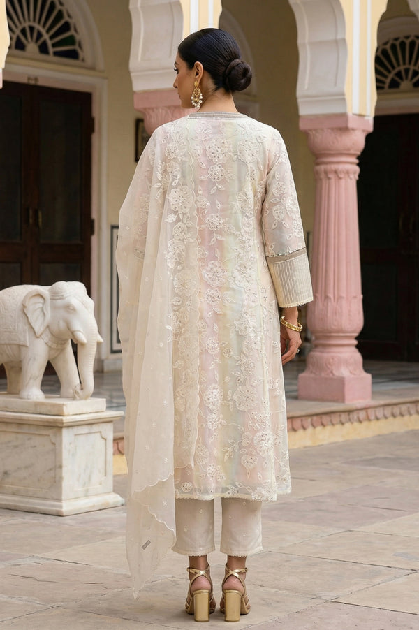 Powder Yellow Sequins Embroidered Straight Georgette Kurta with Straight Pants and Dupatta Set