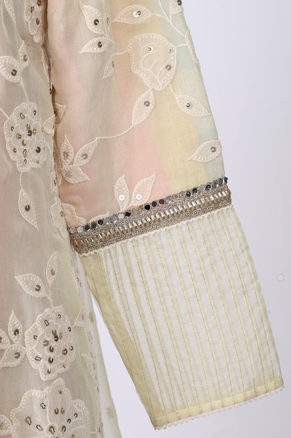 Powder Yellow Sequins Embroidered Straight Georgette Kurta with Straight Pants and Dupatta Set