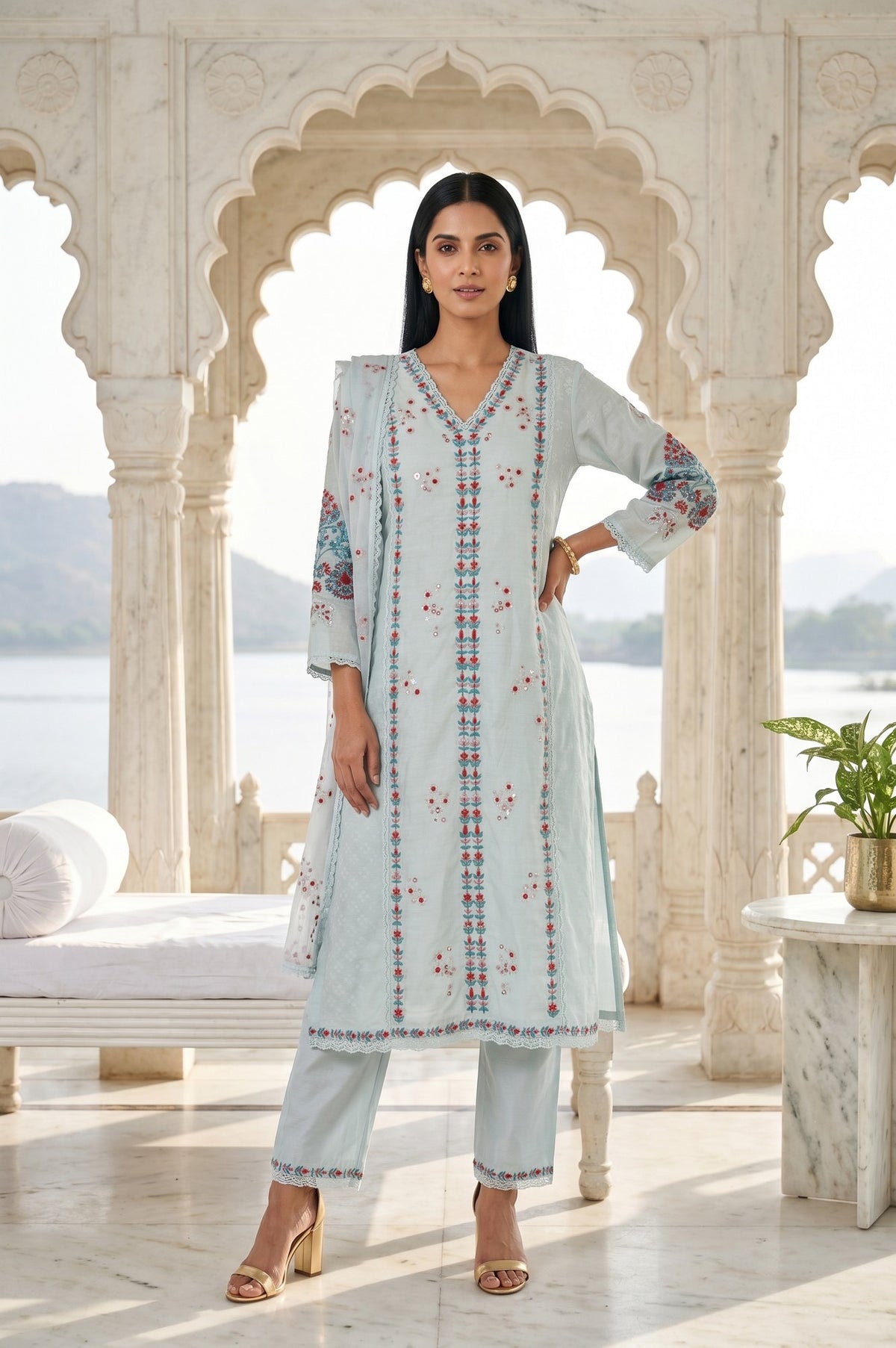 Blue Embroidered Chanderi Jacquard Straight Kurta With Pants And Dupatta Set - S