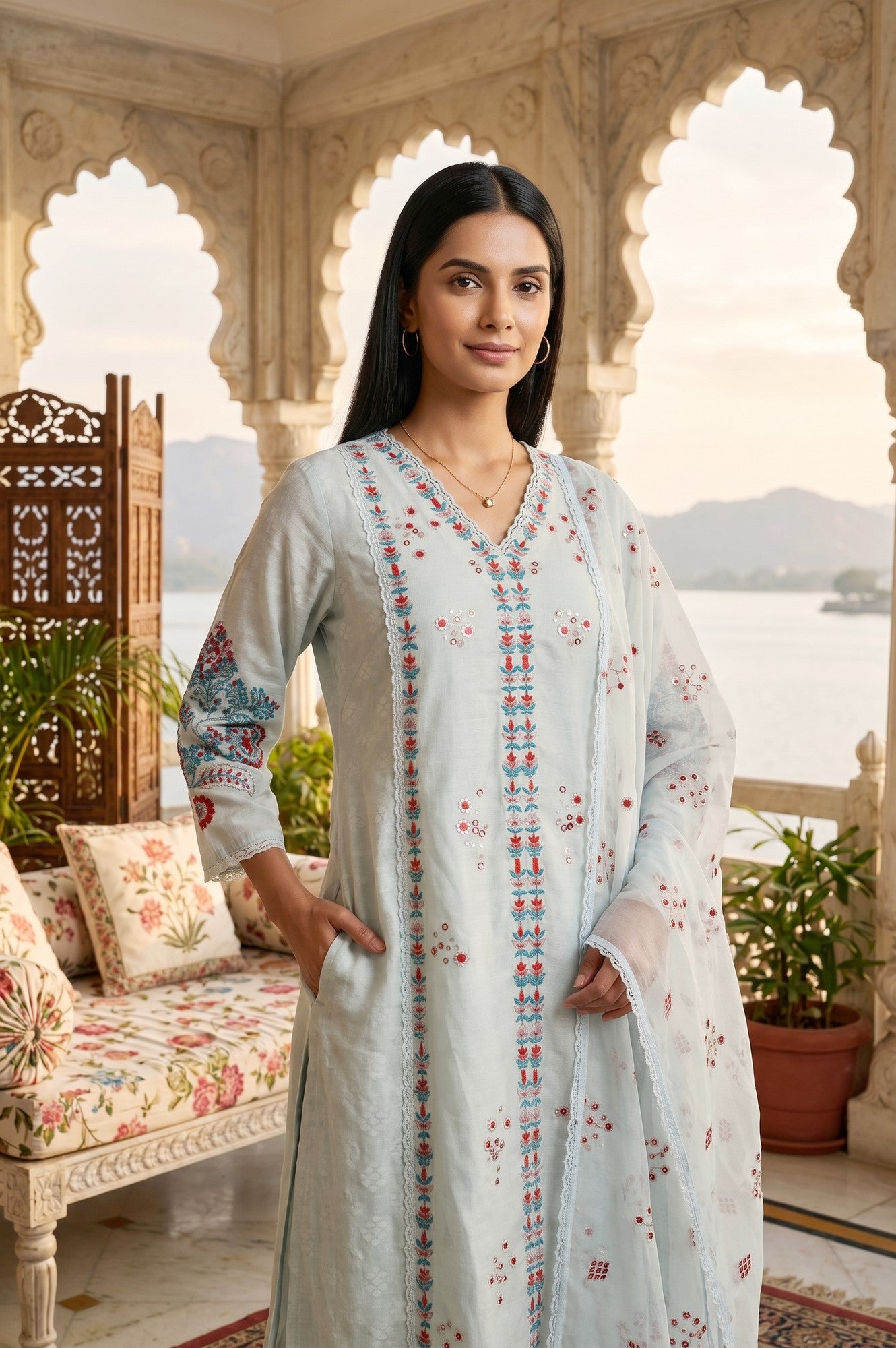 Blue Embroidered Chanderi Jacquard Straight Kurta With Pants And Dupatta Set