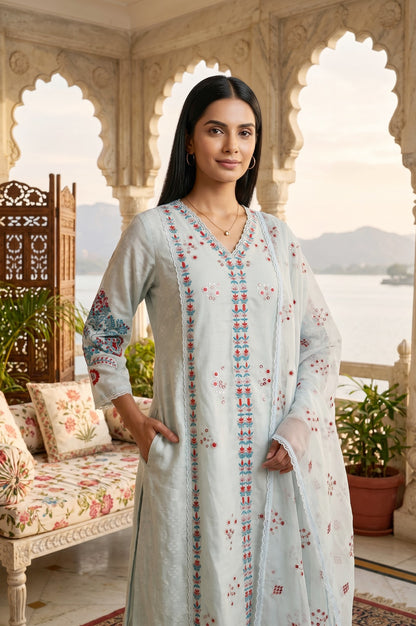 Blue Embroidered Chanderi Jacquard Straight Kurta With Pants And Dupatta Set