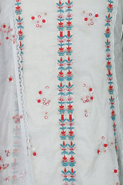 Blue Embroidered Chanderi Jacquard Straight Kurta With Pants And Dupatta Set